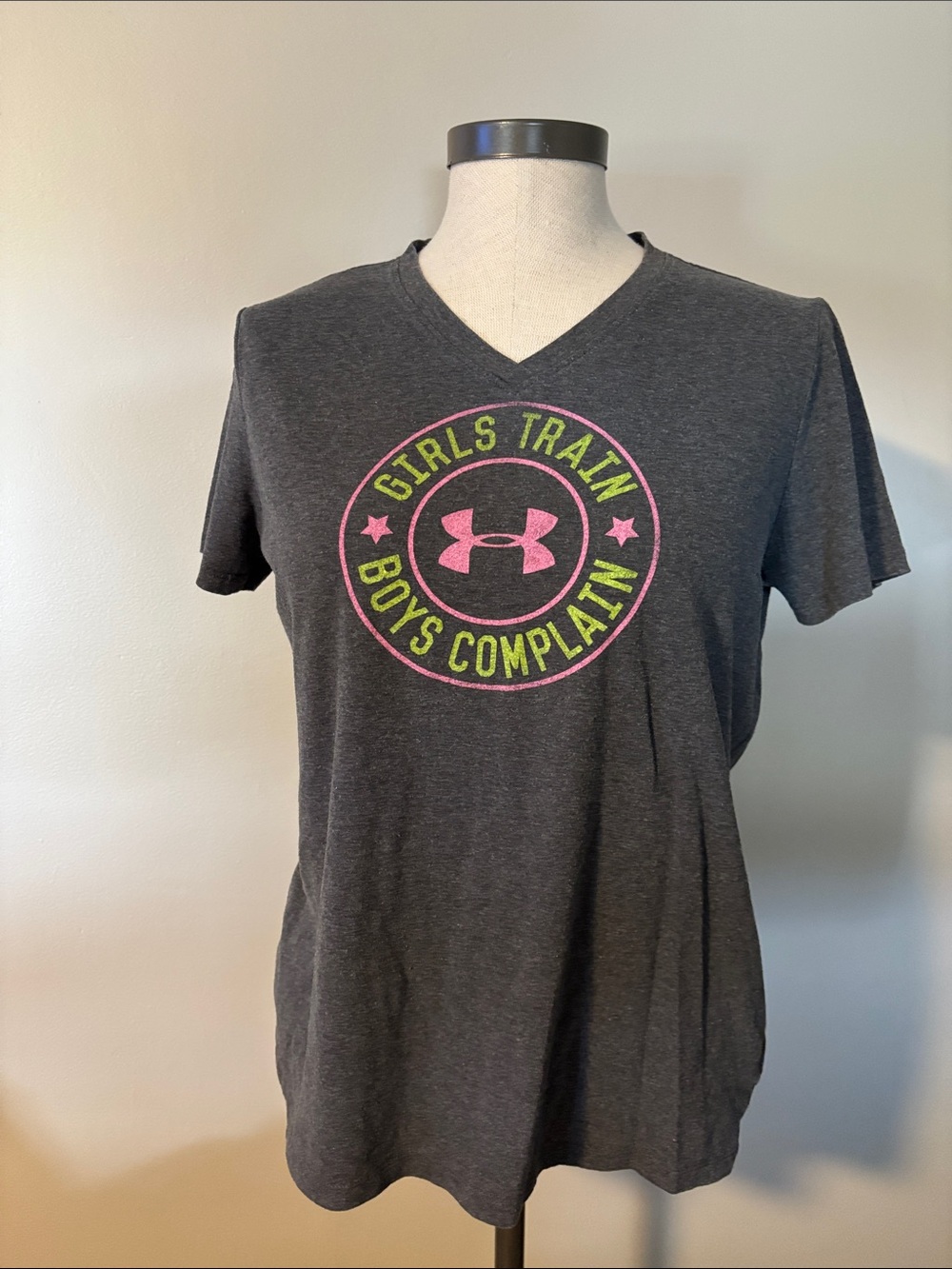 Under Armour Charcoal V‑Neck Tee with Pink & Lime Graphic